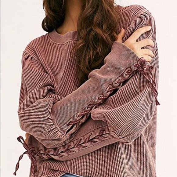 FREE PEOPLE Waffle Thermal Crew Medieval Lace Up Sleeves Pleated Shoulder XS - Picture 5 of 11